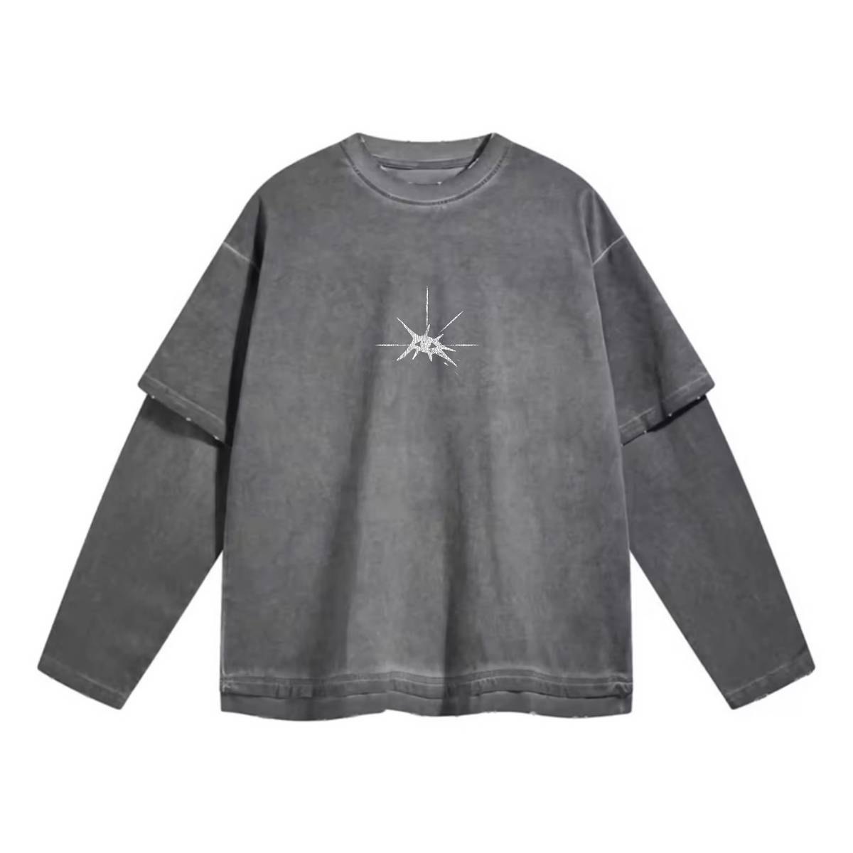 Gray long-sleeve shirt with a white logo on a white background