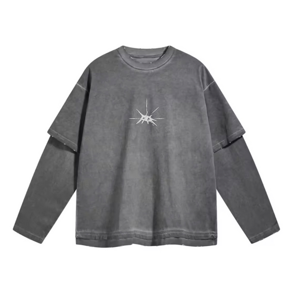 Gray long-sleeve shirt with a white logo on a white background